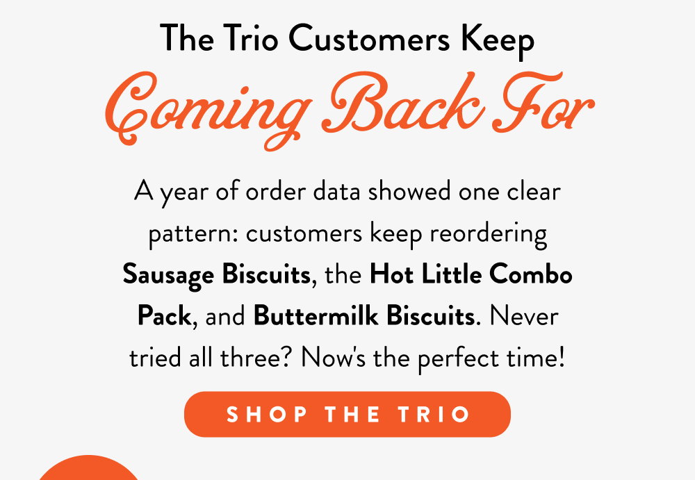 The Trio Customers Keep Coming Back For. A year of order data showed one clear pattern: customers keep reordering Sausage Biscuits, the Hot Little Combo Pack, and Buttermilk Biscuits. Never tried all three? Now's the perfect time!