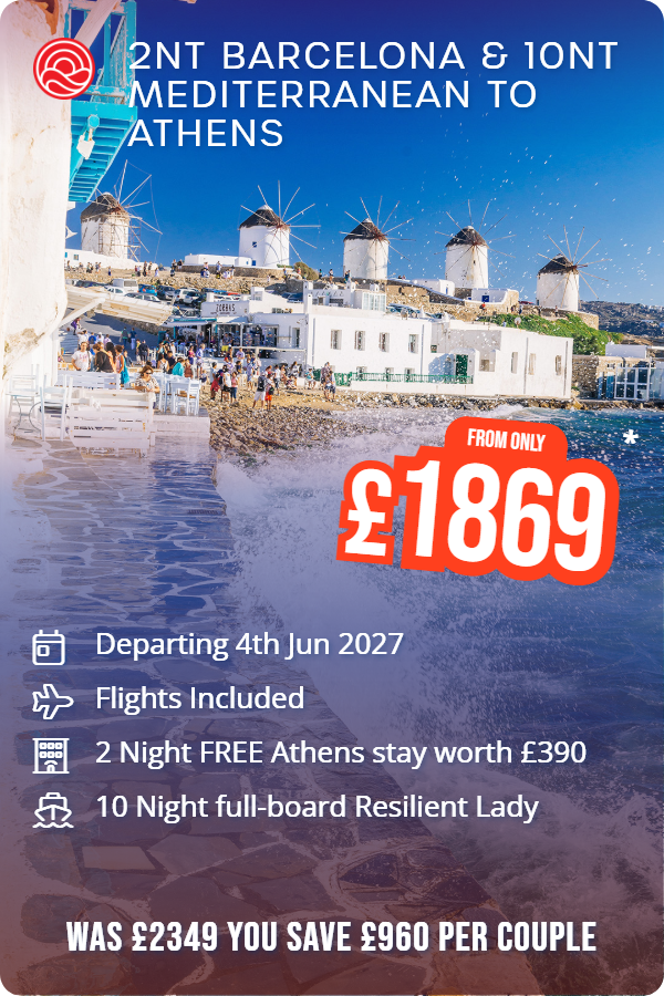 2nt Barcelona & 10nt Mediterranean to Athens – Smart Holiday promotional image. From £1,869 Includes: Departing 4th Jun 2027, Flights Included, 2 Night FREE Athens stay worth £390, 10 Night full-board Resilient Lady. WAS £2349 YOU SAVE £960 PER COUPLE