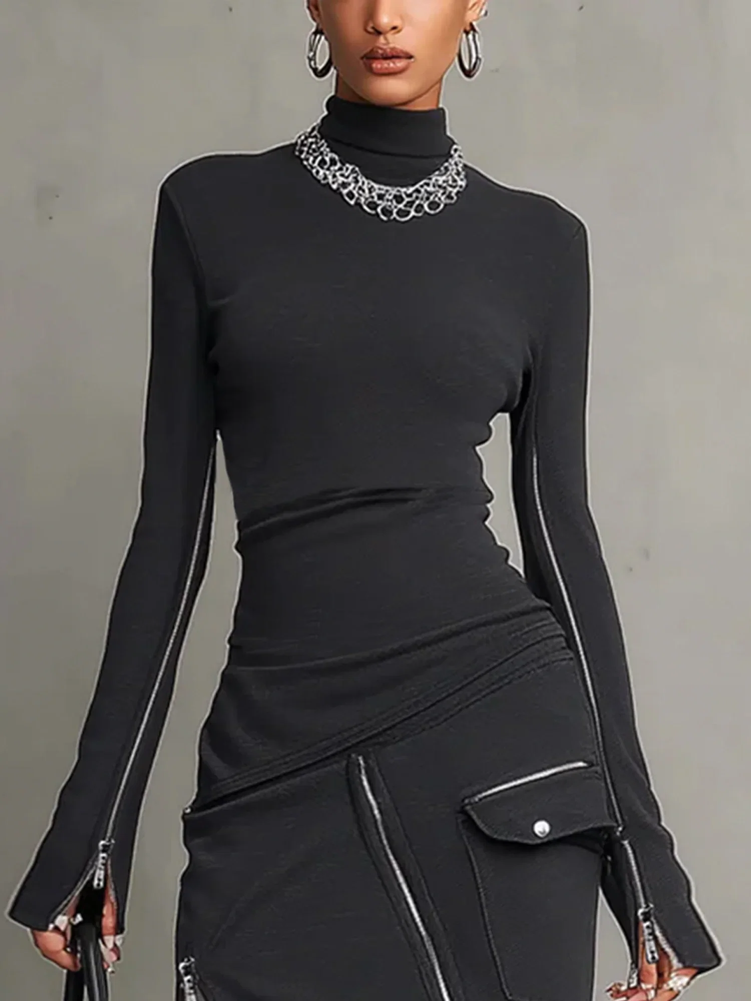 Casual Mock Neck T-Shirt Tight T-Line Long Sleeve Breathable Top