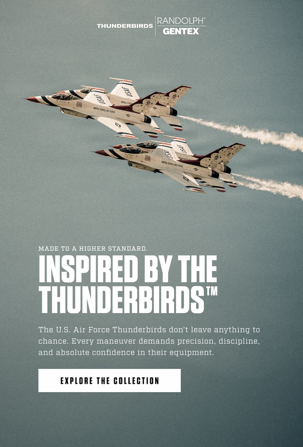 U.S. Air Force Thunderbirds flying in formation, representing the precision and performance behind the Randolph x Gentex collection.