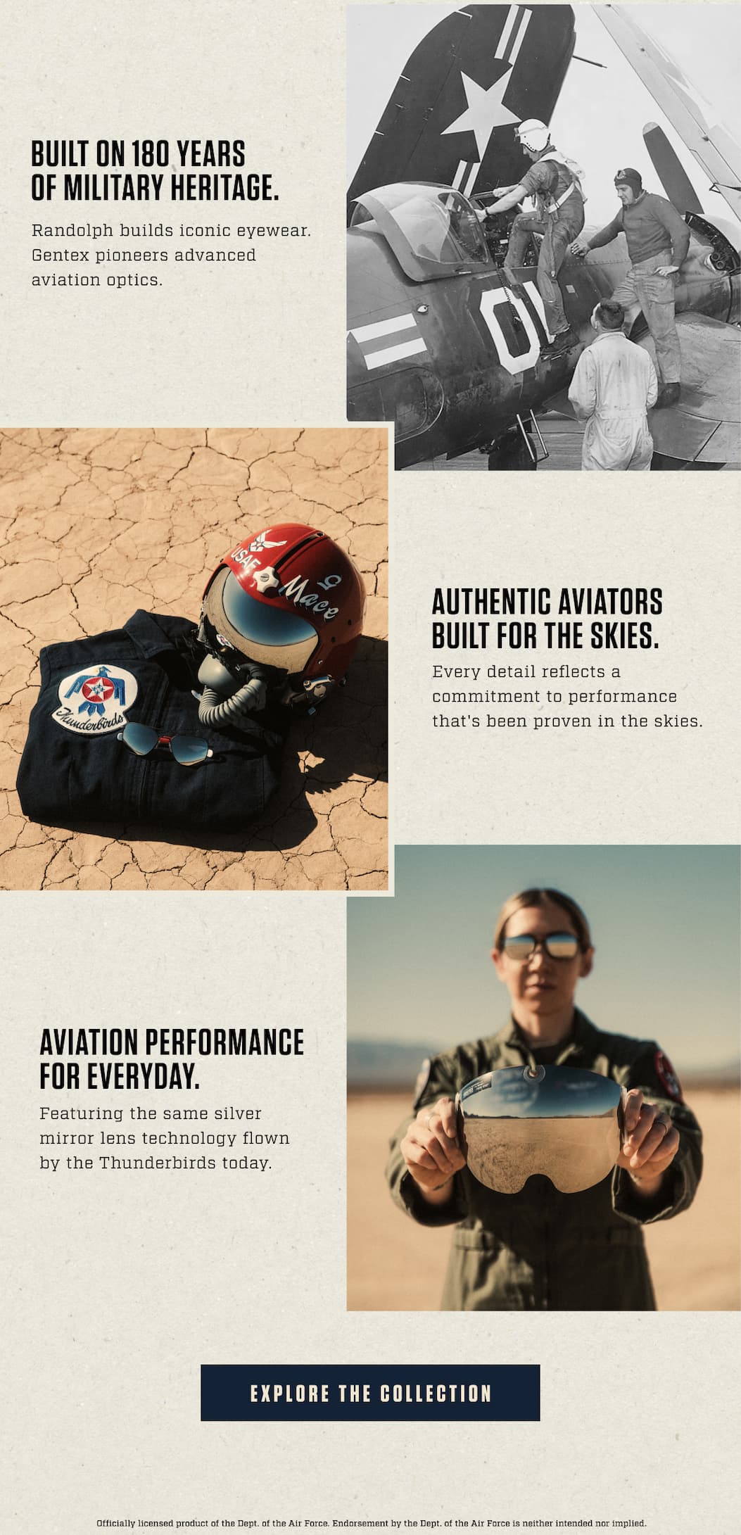 Thunderbirds heritage imagery pairs a historic military aircraft and flight crew with a Thunderbirds flight helmet and Randolph aviator sunglasses.