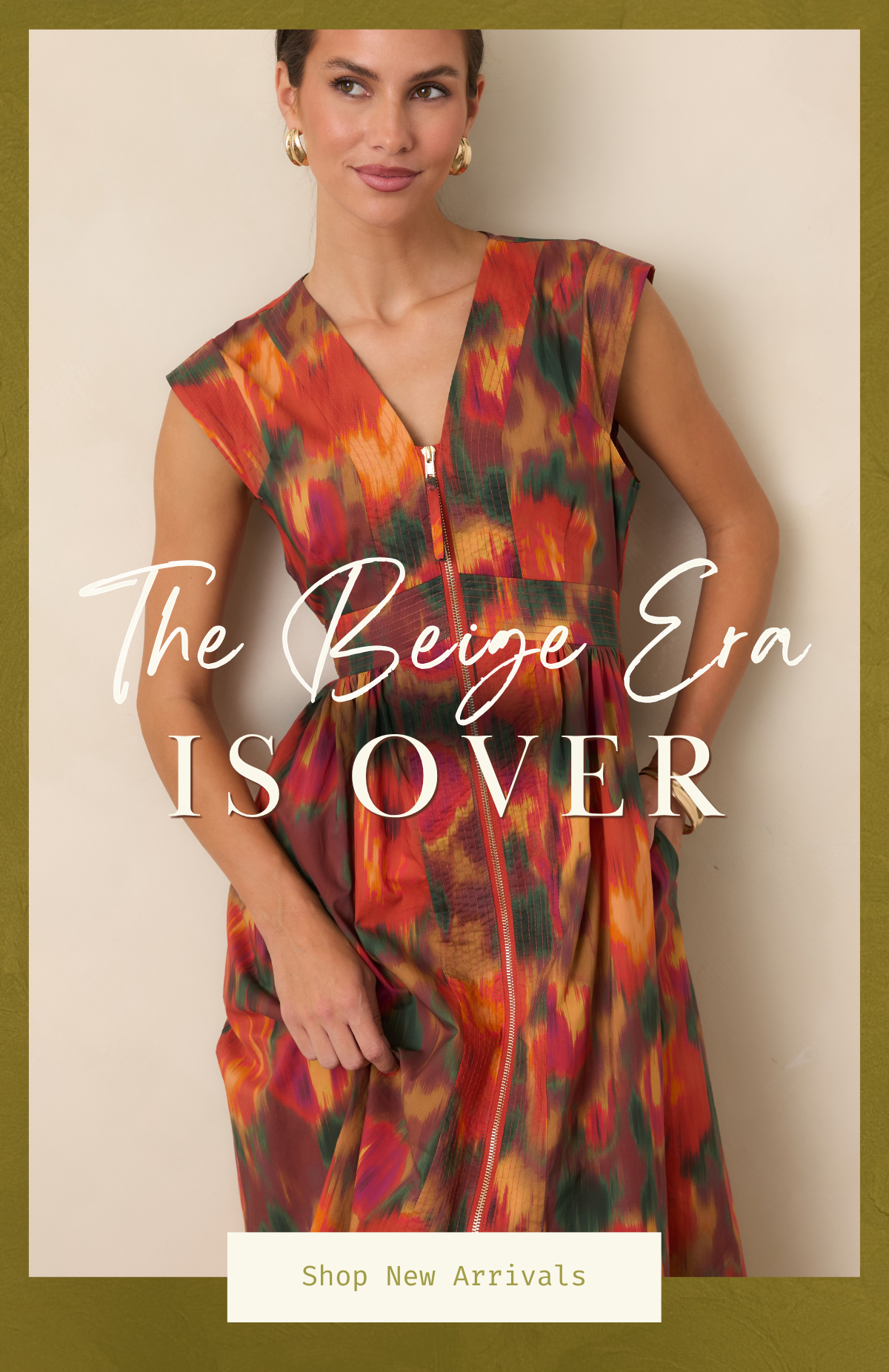 'The beige era is over. Shop new arrivals.' Model wearing a rust color midi dress. 