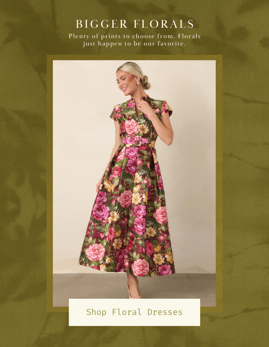 'Bigger florals. Shop floral dresses.' Models wearing floral dresses.