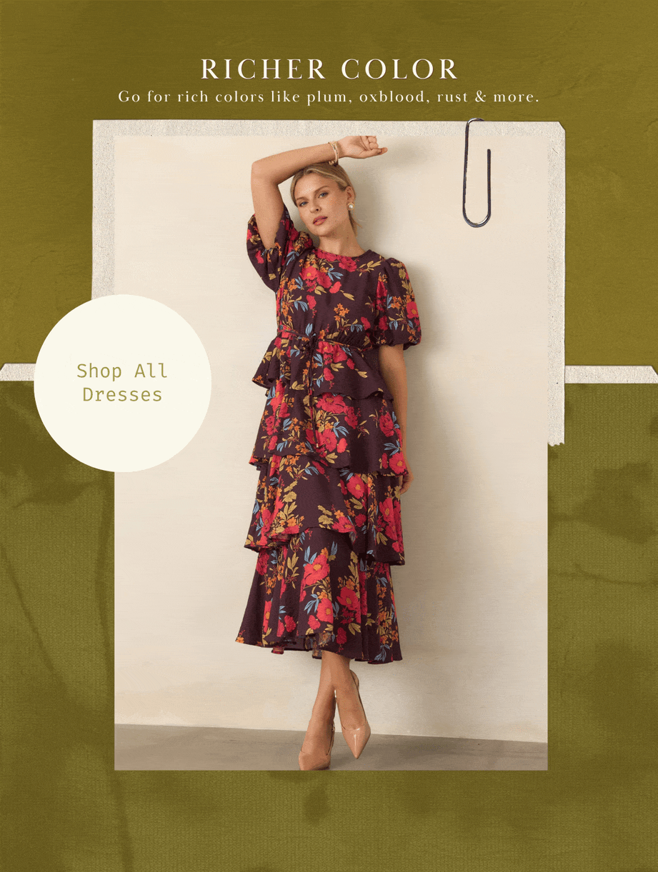 Models wearing floral dresses. 'Richer color. Shop all dresses.'