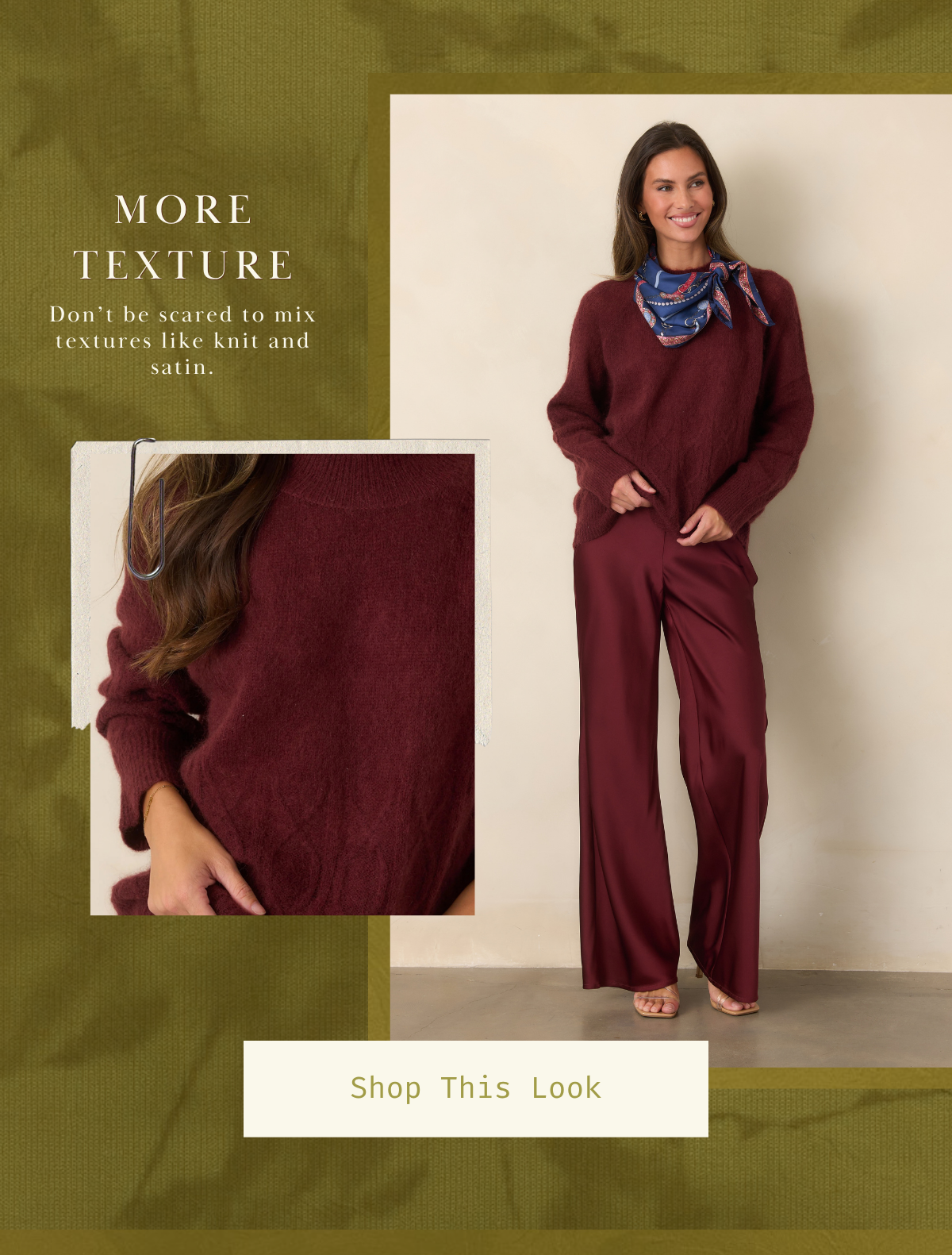 'More texture. Shop this look.' Model wearing a red sweater with red satin pants.