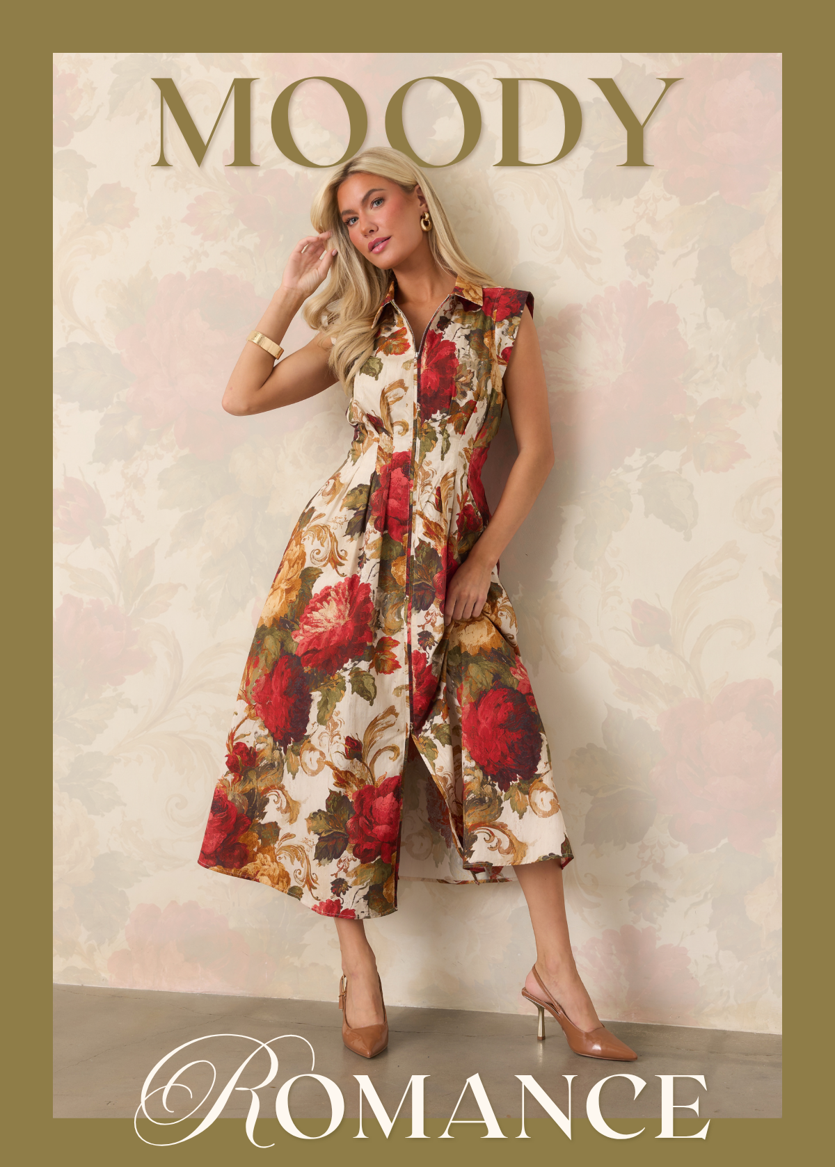 'Moody Romance.' Model wearing a floral midi dress.