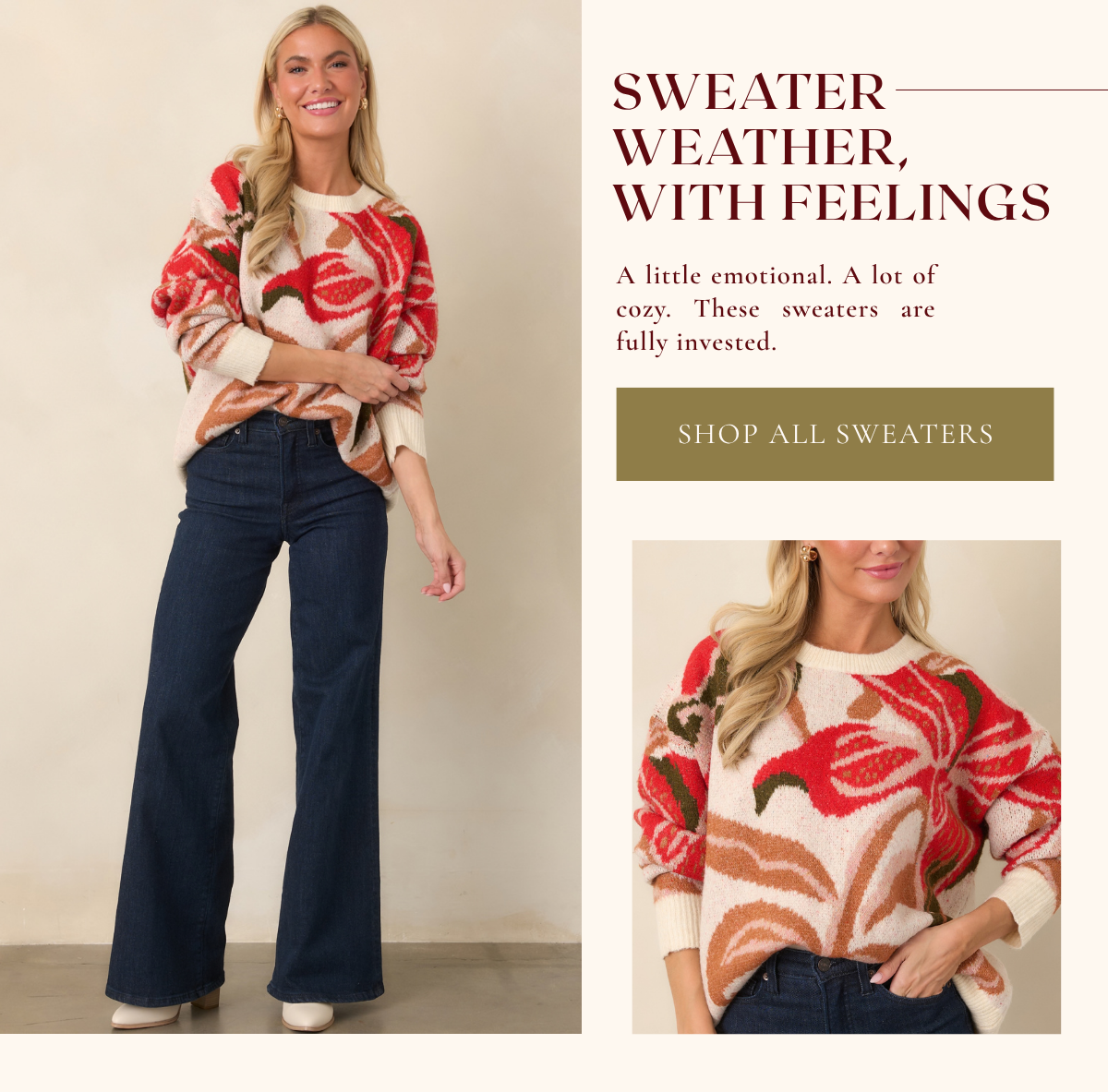 'Sweater weather, with feelings. Shop All Sweaters.' Model wearing a floral sweater.