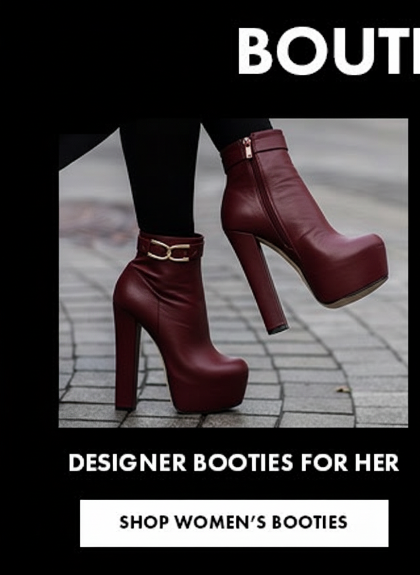 Maroon platform heeled booties with gold buckle detail, with text "DESIGNER BOOTIES FOR HER" and "SHOP WOMEN'S BOOTIES".