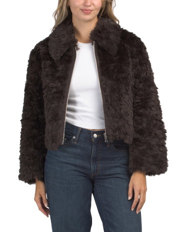 Faux Fur Zip Up Jacket for Women | Dark Brown | Size: XS | Polyester