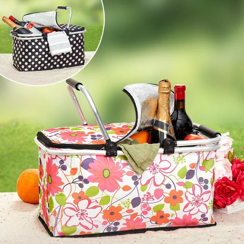Image of Insulated Cooler Picnic Basket Handles Zip Closure Floral Or Polka Dot