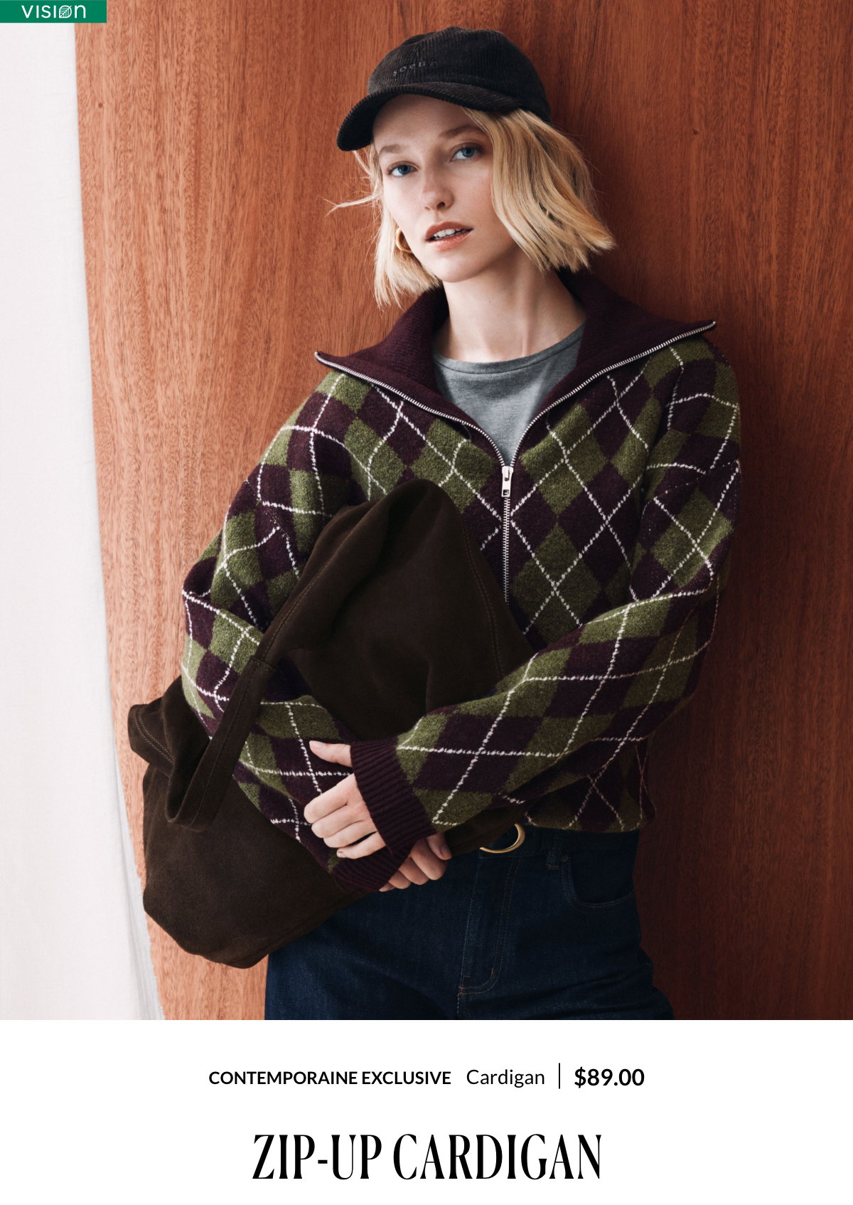 Woman wearing a zip-up cardigan at 89$.