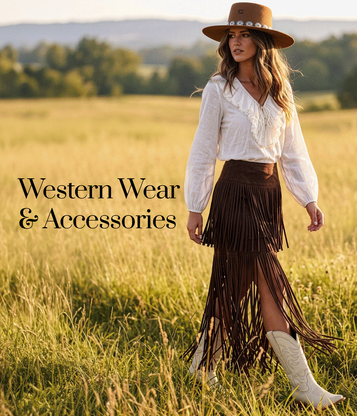 Western Wear & Accessories - Antonio Melani® Lilian Ruffle V-Neckline Blouse, $139*  Raven Faux Suede High Rise Western Fringe Tiered Midi Skirt, $229  *More colors available.  Dillard's Exclusive.  Charlie 1 Horse High Desert Wool Conchos Western Hat, $225  Online & select stores.     Tecovas The Annie Leather Tall Western Boots, $375  More colors available.     Barse   BarseSedona Turquoise Beaded Golden Statement Pendant Necklace, $198  Cowgirl Up Turquoise and Cowhide Calf Print Statement Cuff Bracelet, $198  Sedona Blue Turquoise Golden Drop Earrings, $148  Online only.
