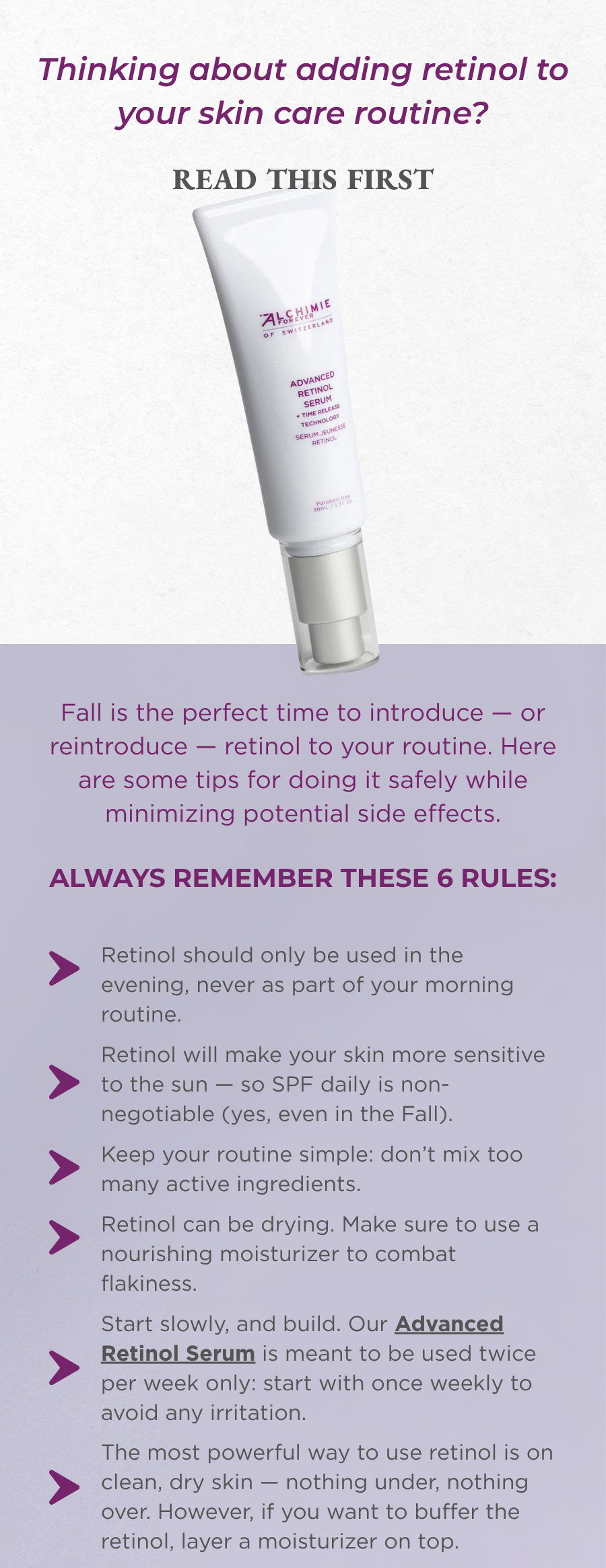 A graphic email explaining the best way to add retinol into your skin care routine.