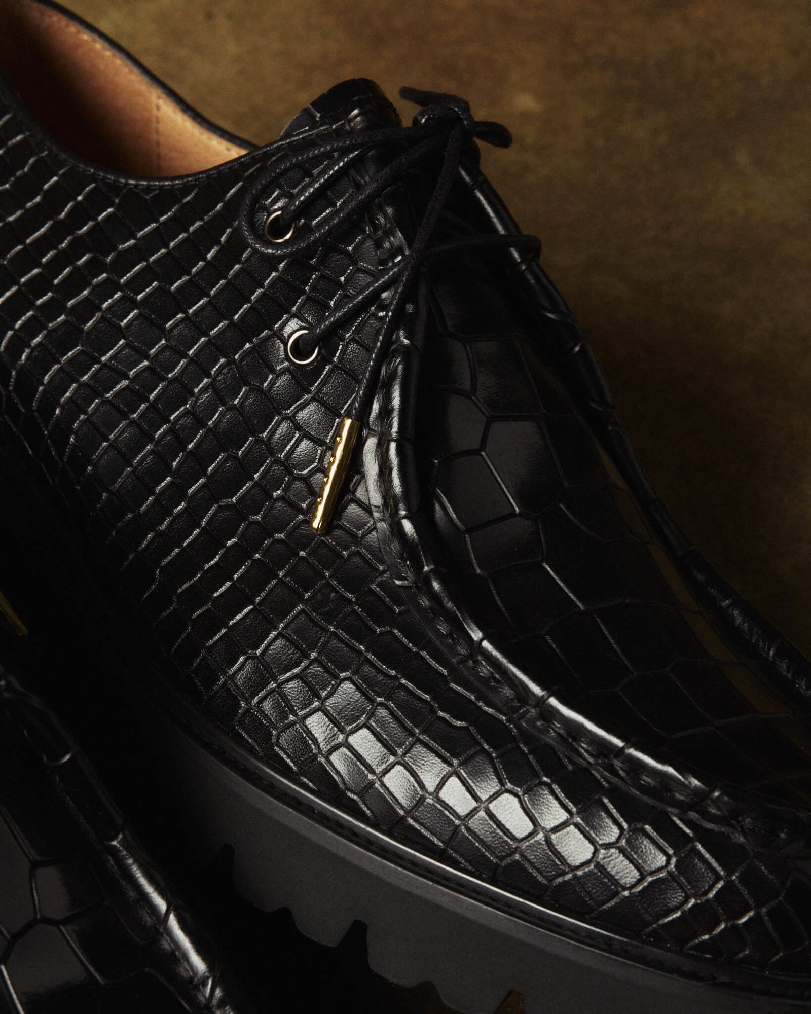 Montana Black Croc Leather Moc Toe Derbys