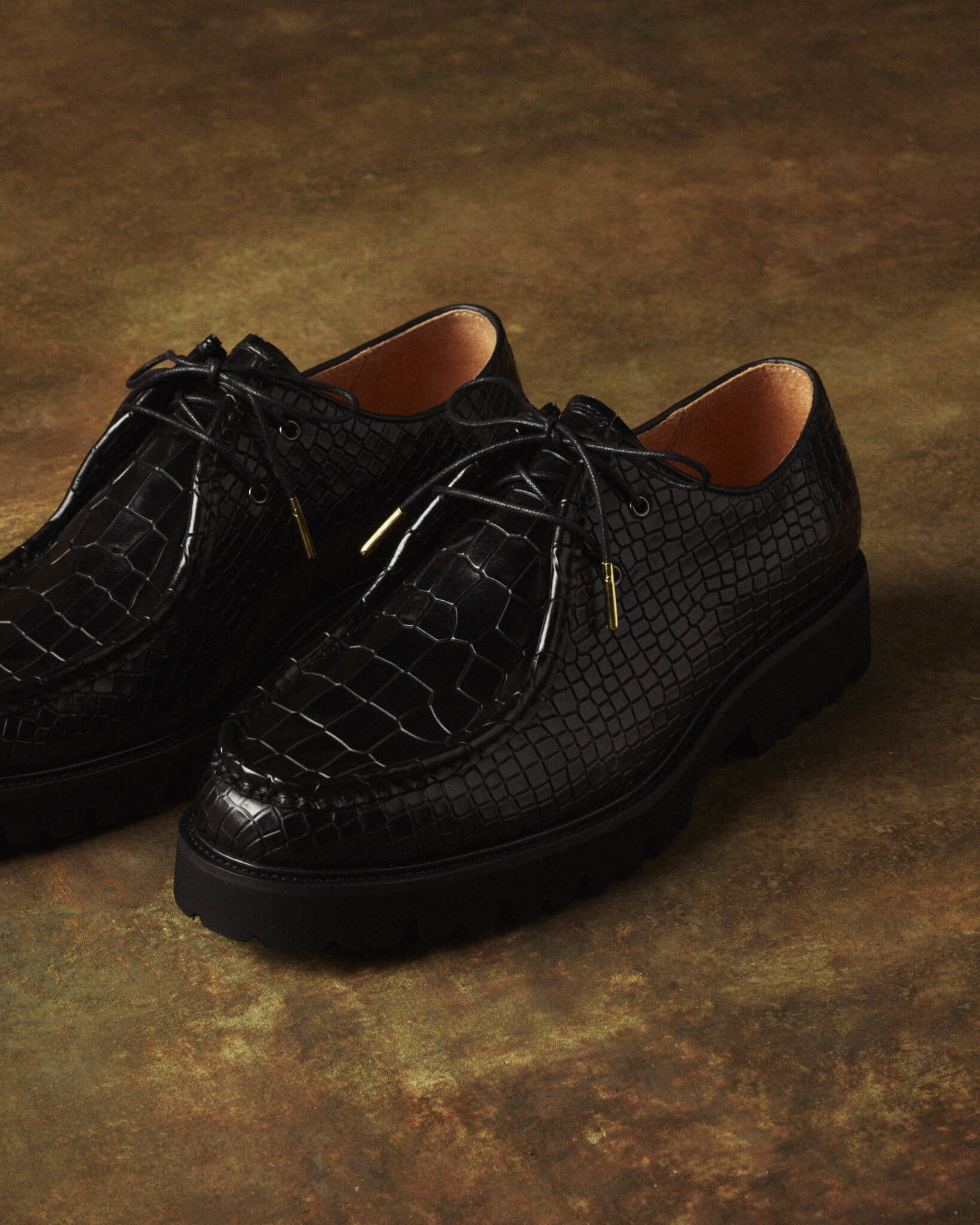 Montana Black Croc Leather Moc Toe Derbys