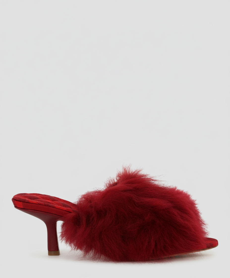 A red fuzzy mule with a plaid heel sits on a white background.