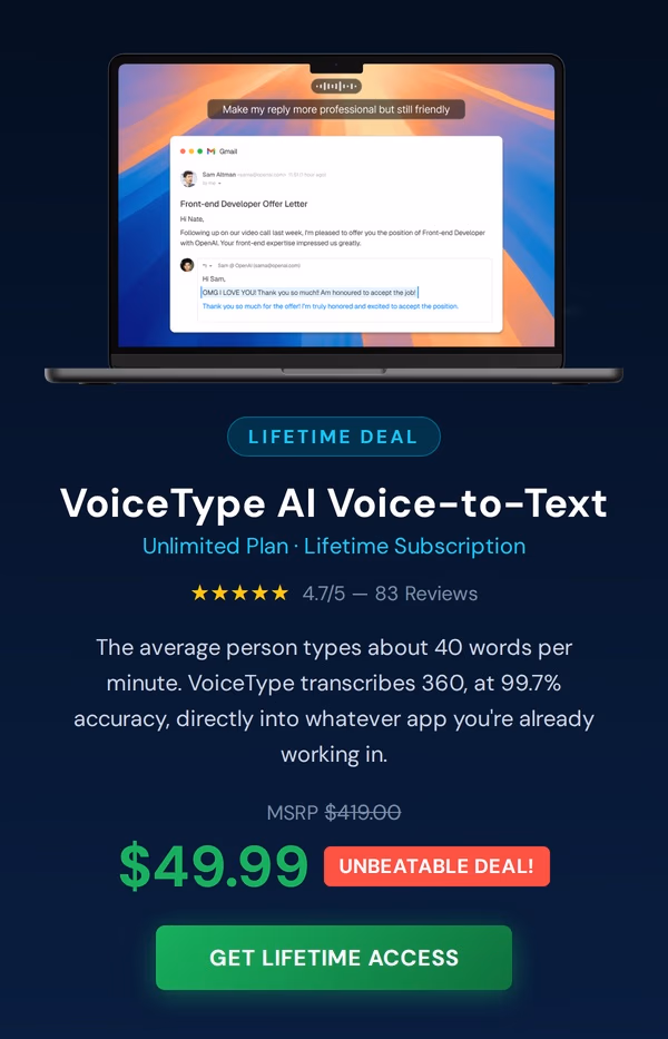 VoiceType AI Voice-to-Text: Lifetime Subscription (Unlimited Words/Month)