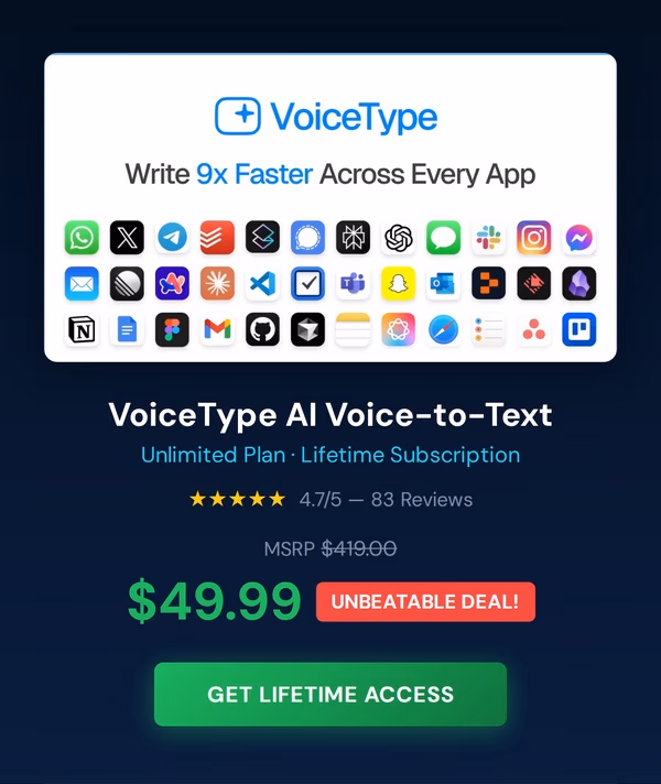 VoiceType AI Voice-to-Text: Lifetime Subscription (Unlimited Words/Month)