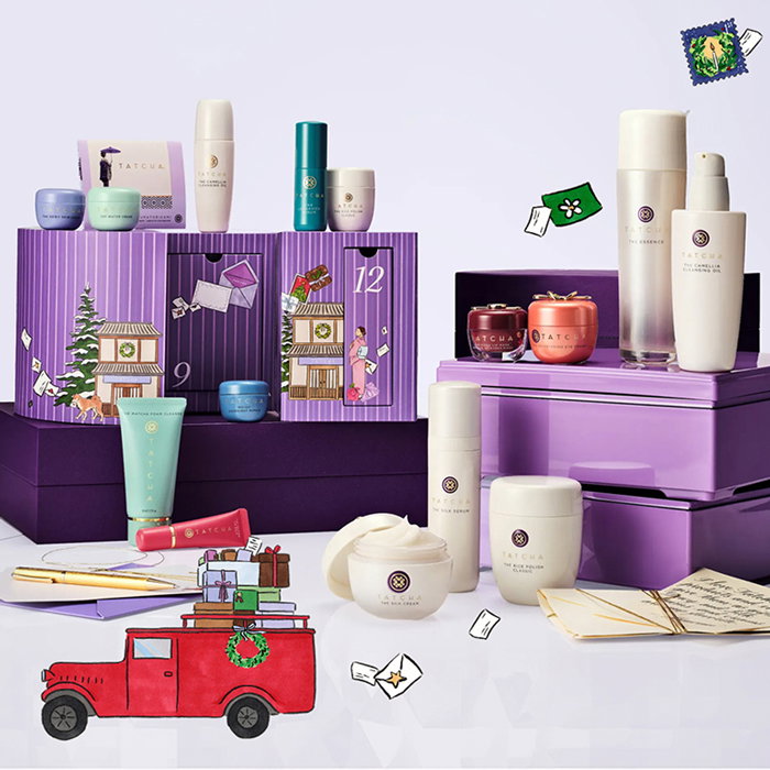 An image of Tatcha holiday sets with playful animations