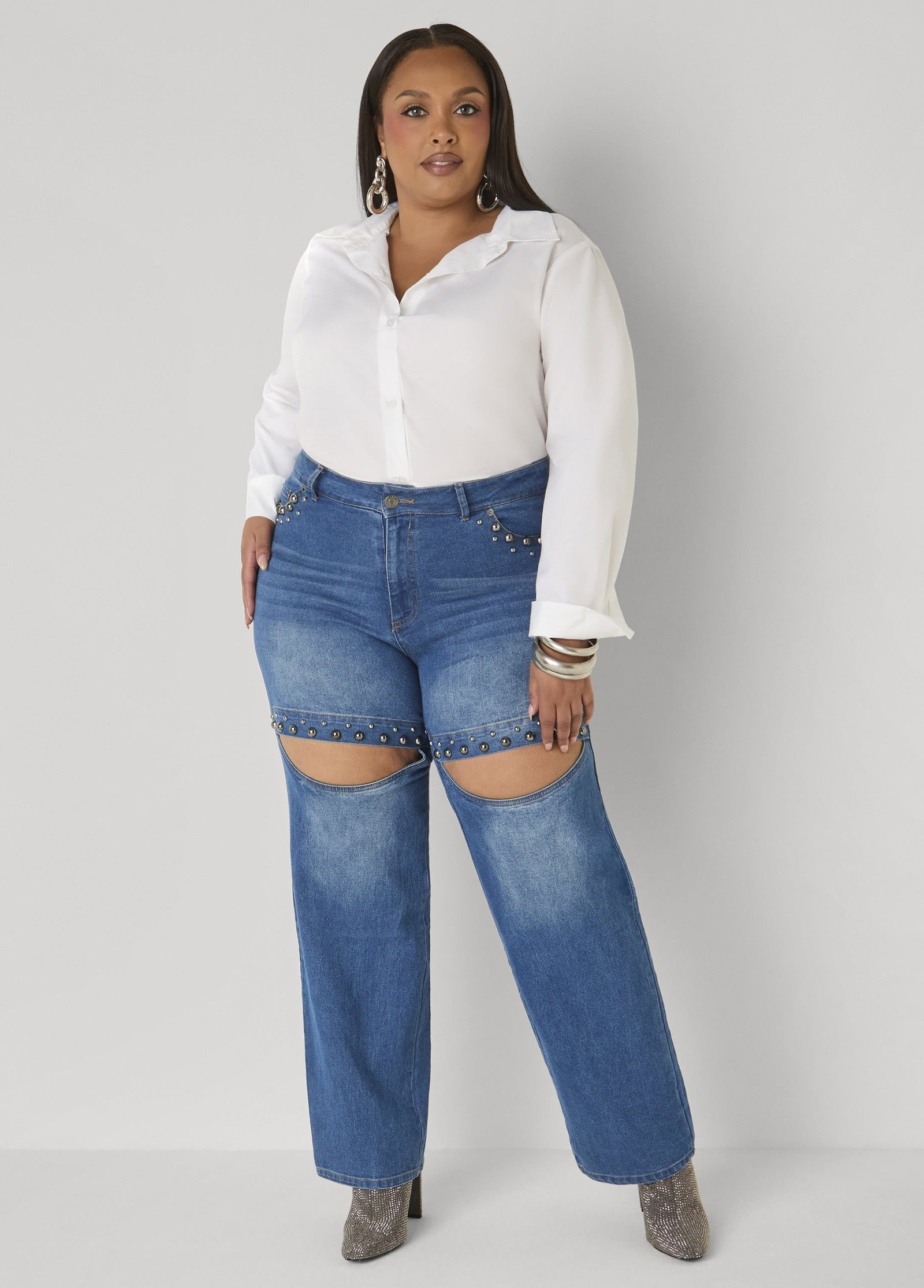 Studded Cutout Straight Leg Jeans