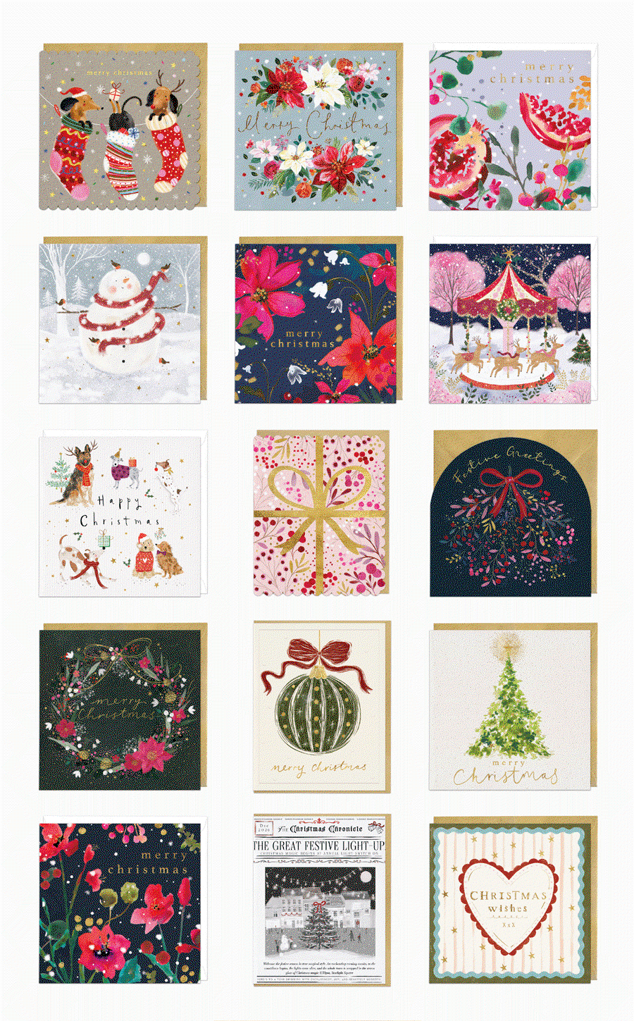 Selection of 15 Whistlefish Christmas card designs, including traditional, contemporary and colourful styles featuring wreaths, robins, reindeer, snowmen, Christmas trees and festive florals.