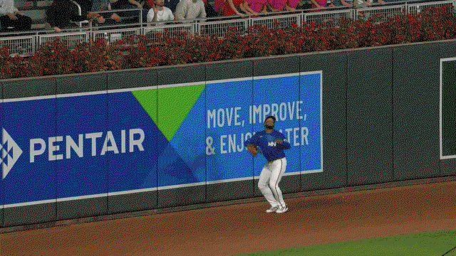 An animated gif of Twins rookie Emmanuel Rodriguez making a leaping catch at the wall and falling to the ground