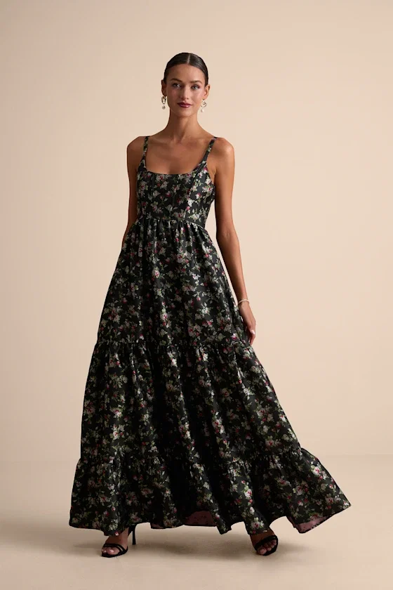 Image of Avalie Black Floral Tiered Bustier Maxi Dress
