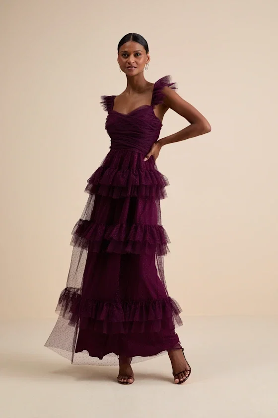 Image of Pure Radiance Plum Purple Mesh Swiss Dot Tiered Maxi Dress