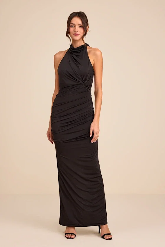 Image of Seraiah Black Knotted Ruched Halter Maxi Dress