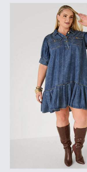 Flounced Stonewash Chambray Dress