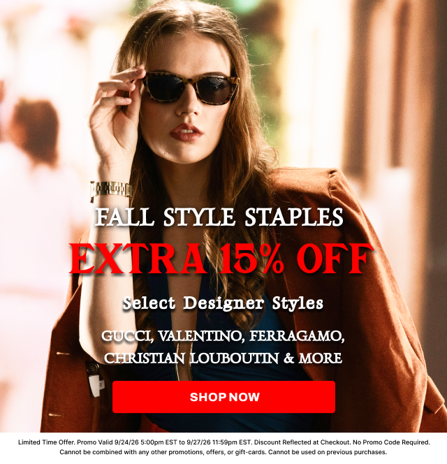Sale banner: Extra 15% off select designer styles from Balenciaga, Dolce & Gabbana, Off-White, and more.