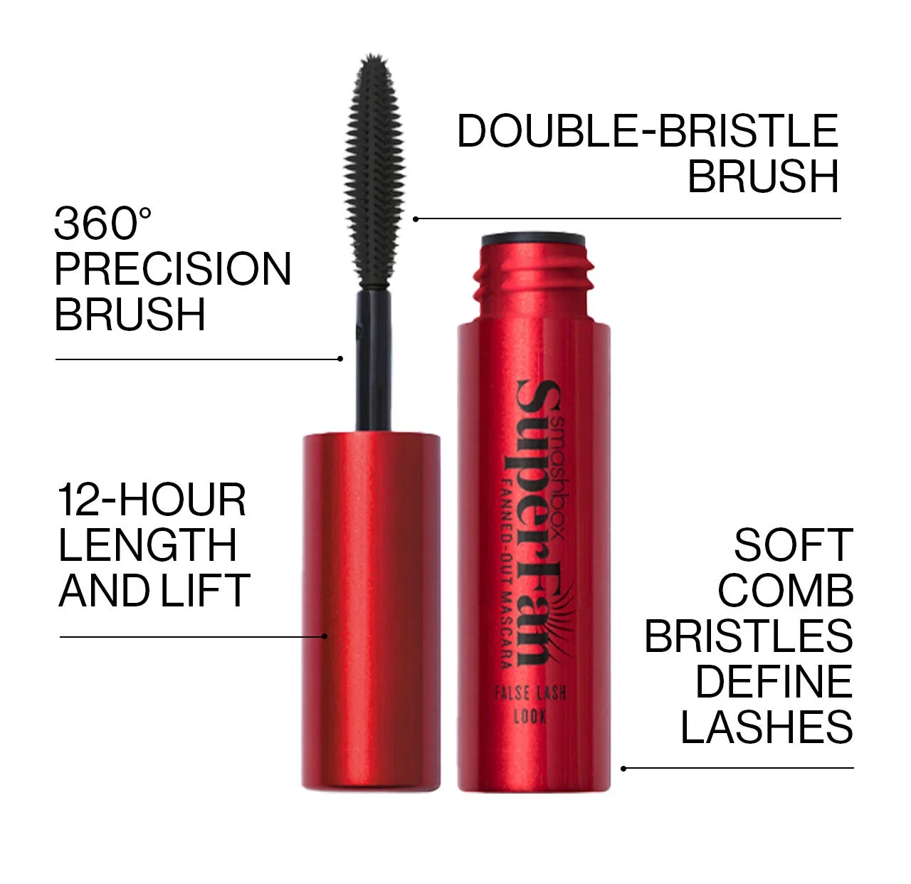 DOUBLE-BRISTLE BRUSH | SOFT COMB BRISTLES DEFINE LASHES | 12-HOUR LENGTH AND LIFT | 360° PRECISION BRUSH