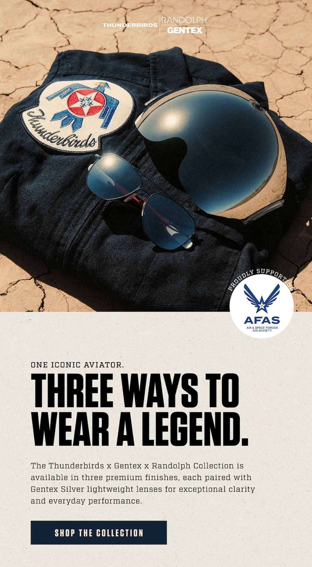 Thunderbirds flight helmet, flight suit, and Randolph aviator sunglasses with Gentex Silver mirrored lenses.