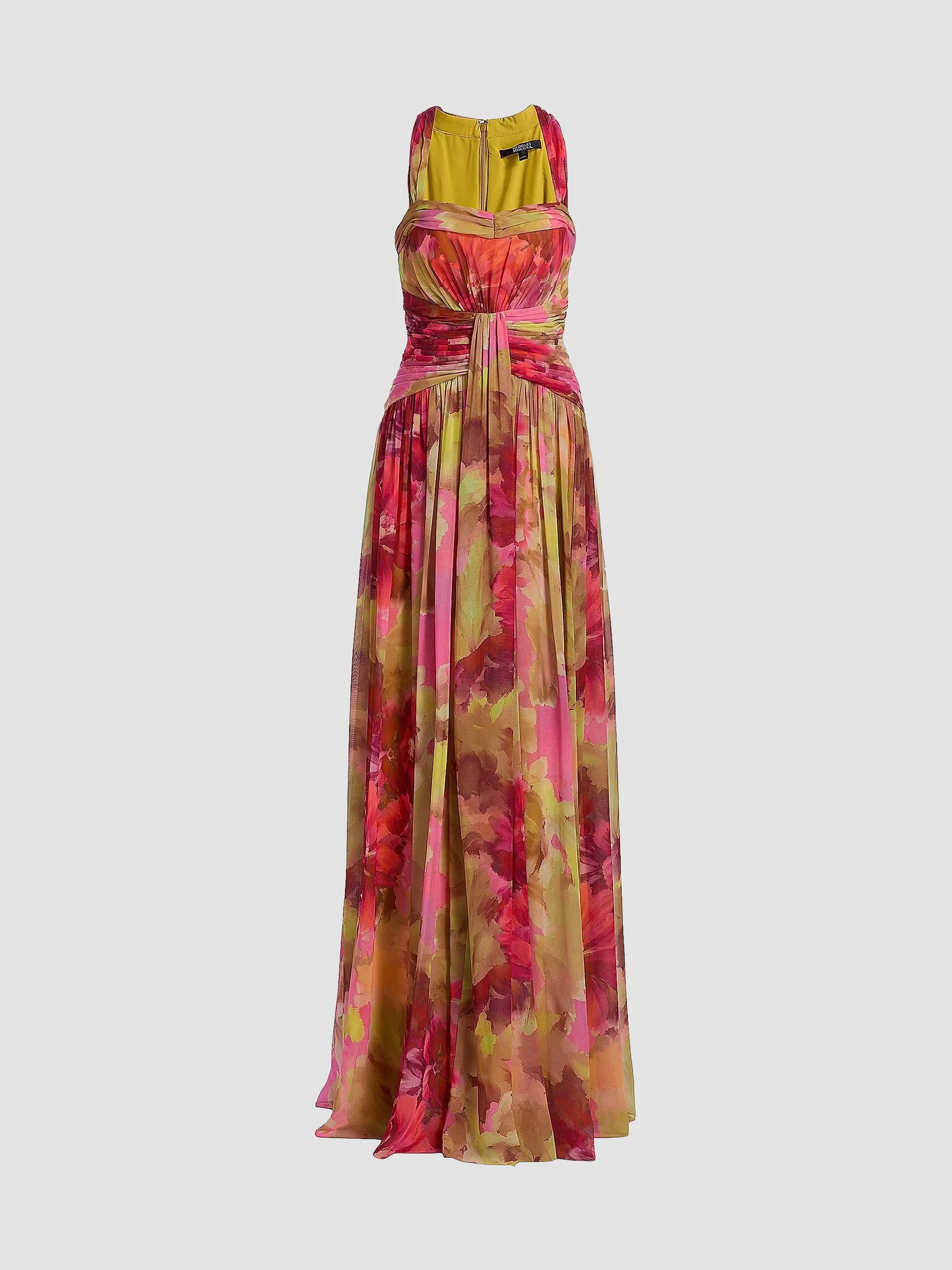 Badgley Mischka Pleated Floral Chiffon Gown