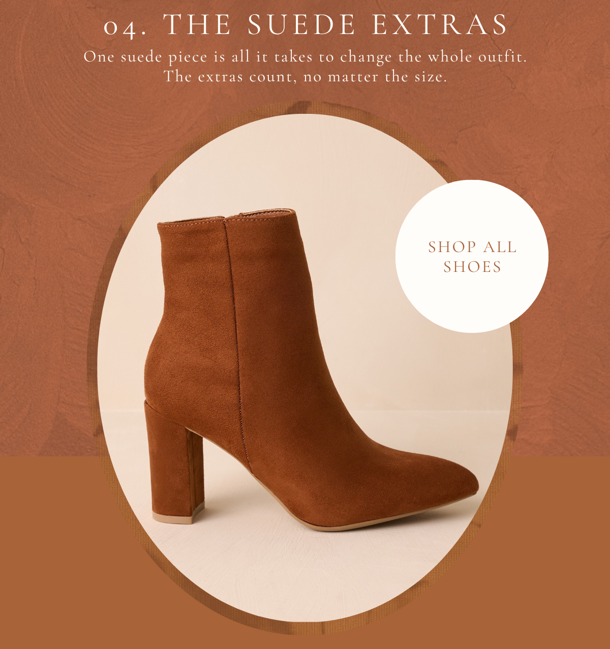 'The suede extras. Shop all shoes.'