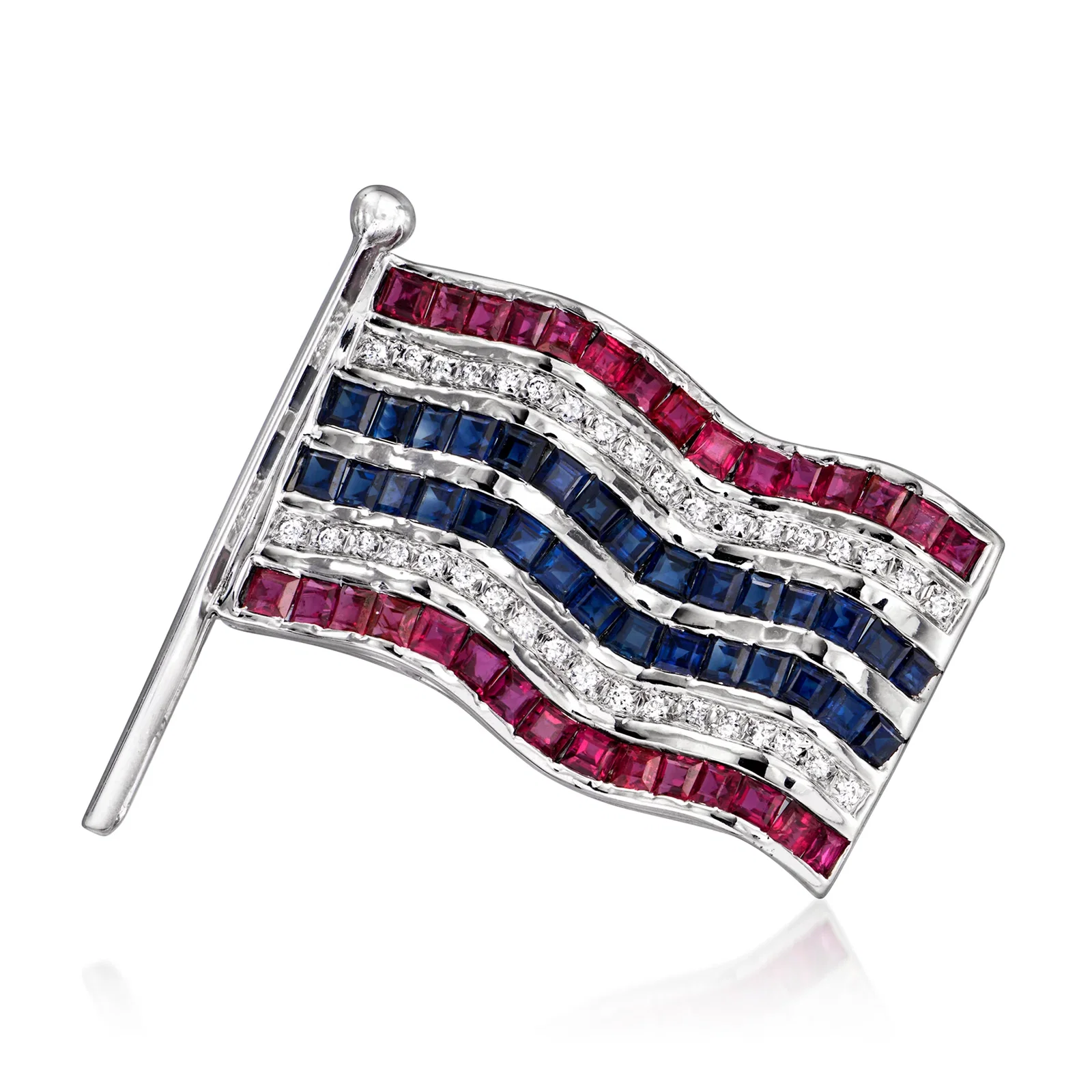 Image of C. 1990 Vintage 2.97 ct. t.w. Ruby and 2.71 ct. t.w. Sapphire Flag Pin with .35 ct. t.w. Diamonds in 14kt White Gold