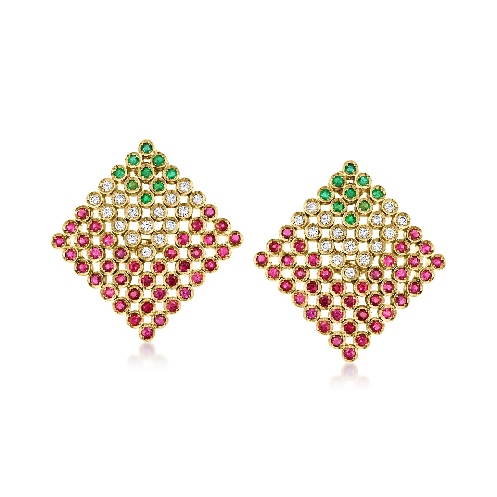 Image of C. 1990 Vintage 2.35 ct. t.w. Ruby, .65 ct. t.w. Diamond and .40 ct. t.w. Emerald Geometric Earrings in 18kt Yellow Gold