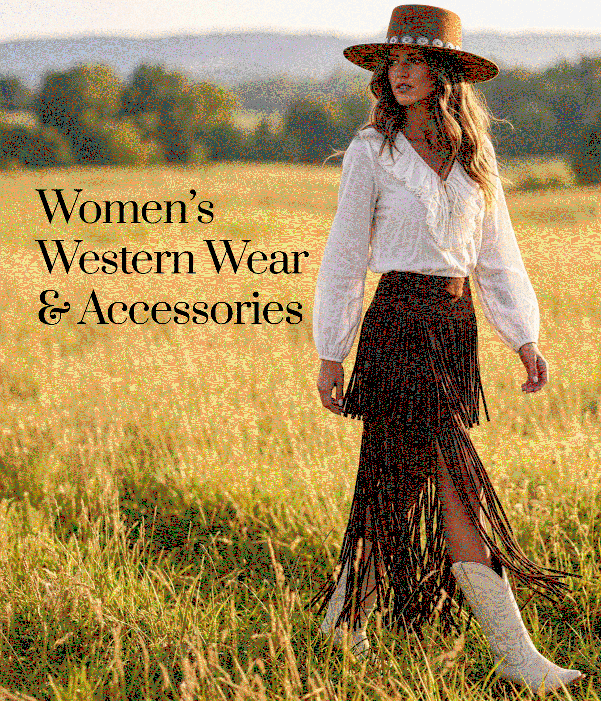 Women's Western - Antonio Melani® Lilian Ruffle Blouse, $139*  Raven Faux Suede High Rise Western Fringe Tiered Midi Skirt, $229  *More colors available.  Dillard's Exclusive.  Charlie 1 Horse High Desert Wool Conchos Western Hat, $225  Online & select stores.     Tecovas The Annie Leather Tall Western Boots, $375  More colors available.     Barse  Sedona Turquoise Beaded Golden Pendant Necklace, $198  Cowgirl Up Turquoise and Cowhide Calf Cuff Bracelet, $198  Sedona Blue Turquoise Golden Drop Earrings, $148  Online only.