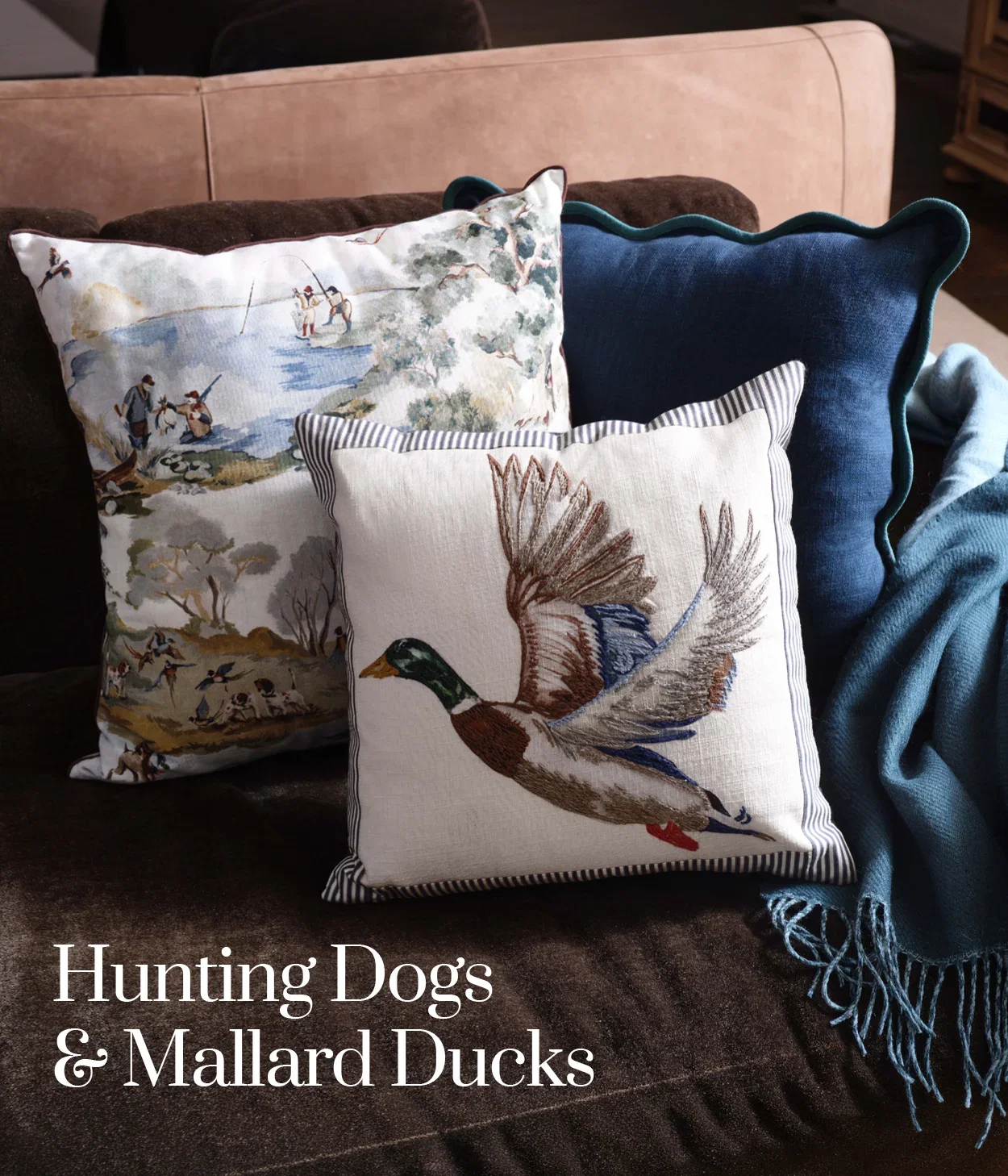 Hunting Dogs & Mallard Ducks - Southern Living® Embroidered Mallard Print Square Pillow, $55 Hunting Dogs Wetland Scene Square Pillow, $75 Scalloped Contrast Trim 18