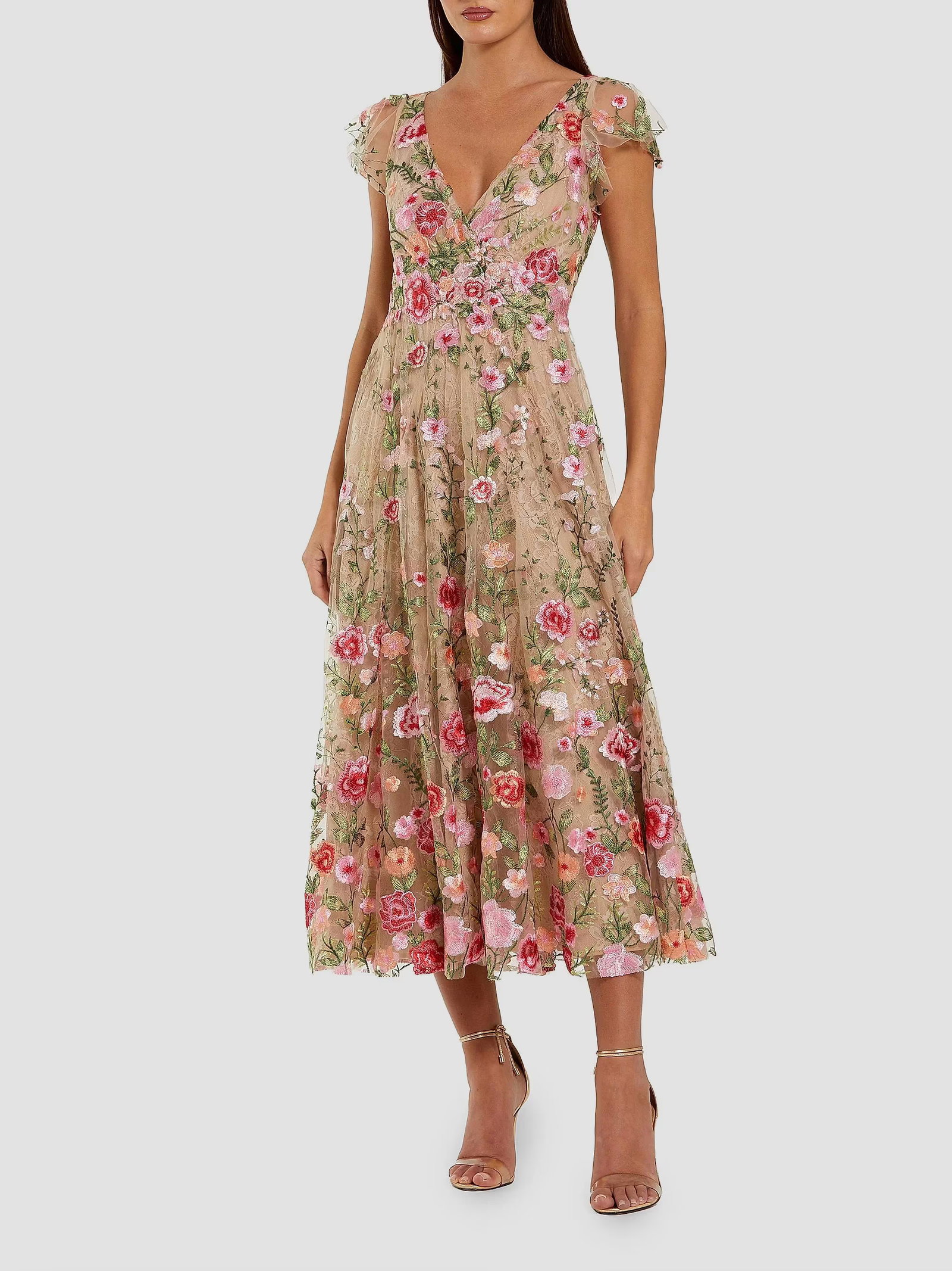 Mac Duggal Floral Embroidered Mesh V-Neck Midi-Dress