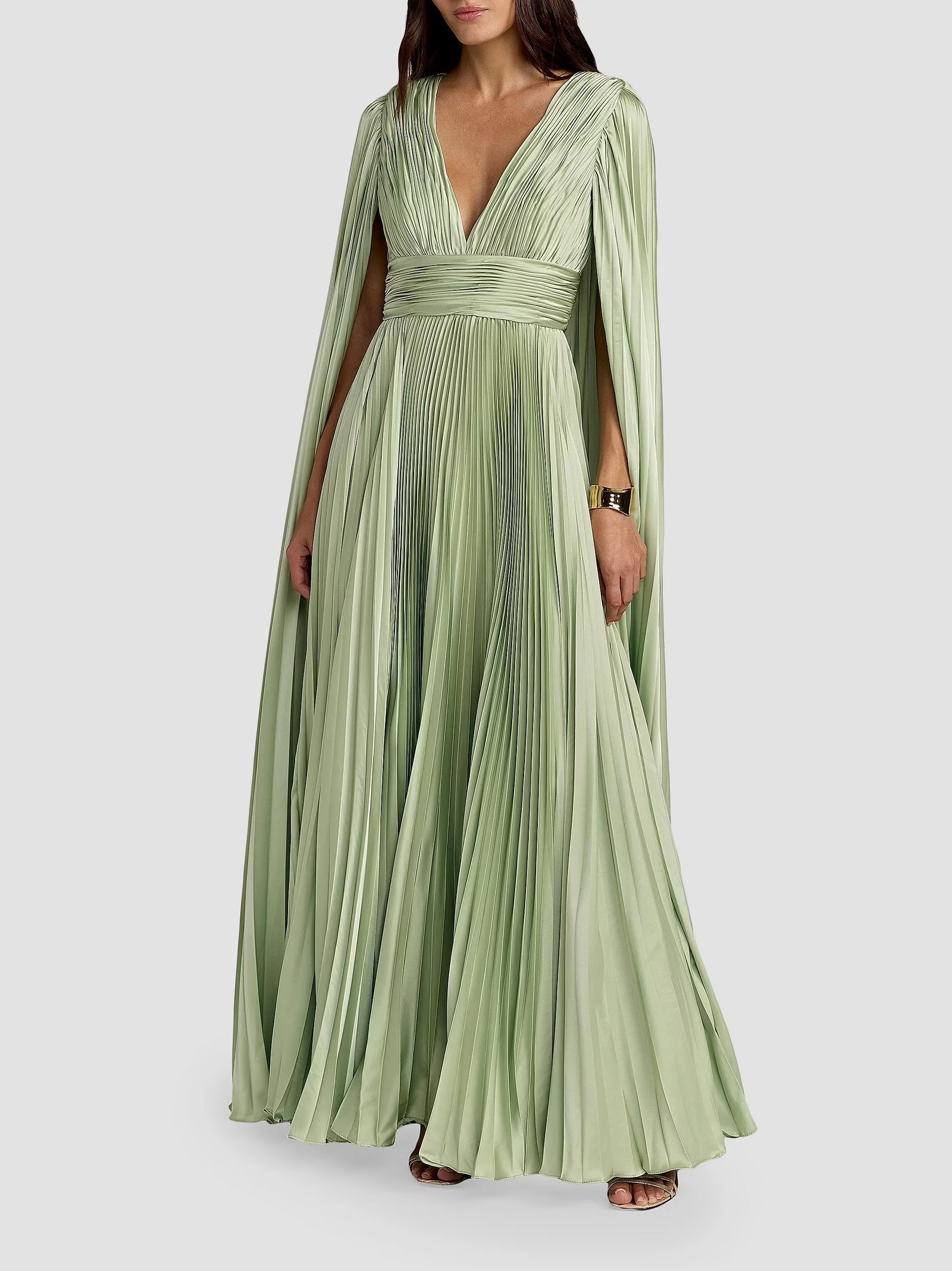Mac Duggal Metallic Pleated Charmeuse Cape Gown