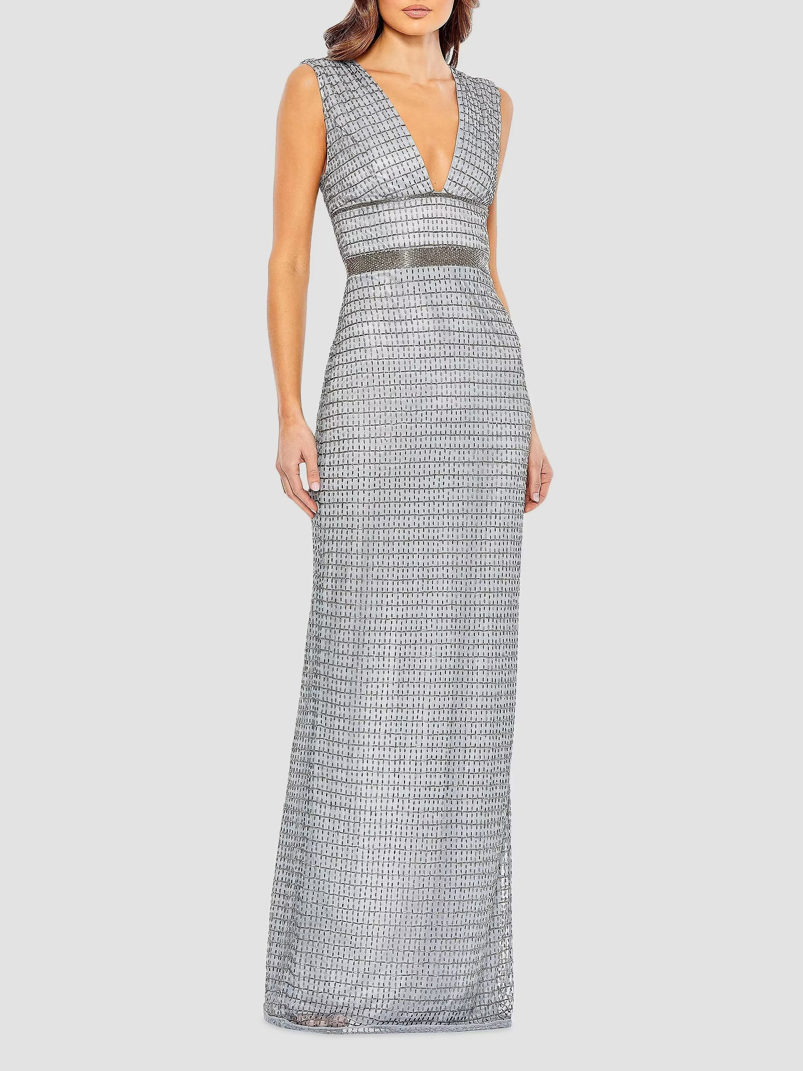 Mac Duggal Beaded V-Neck Column Gown