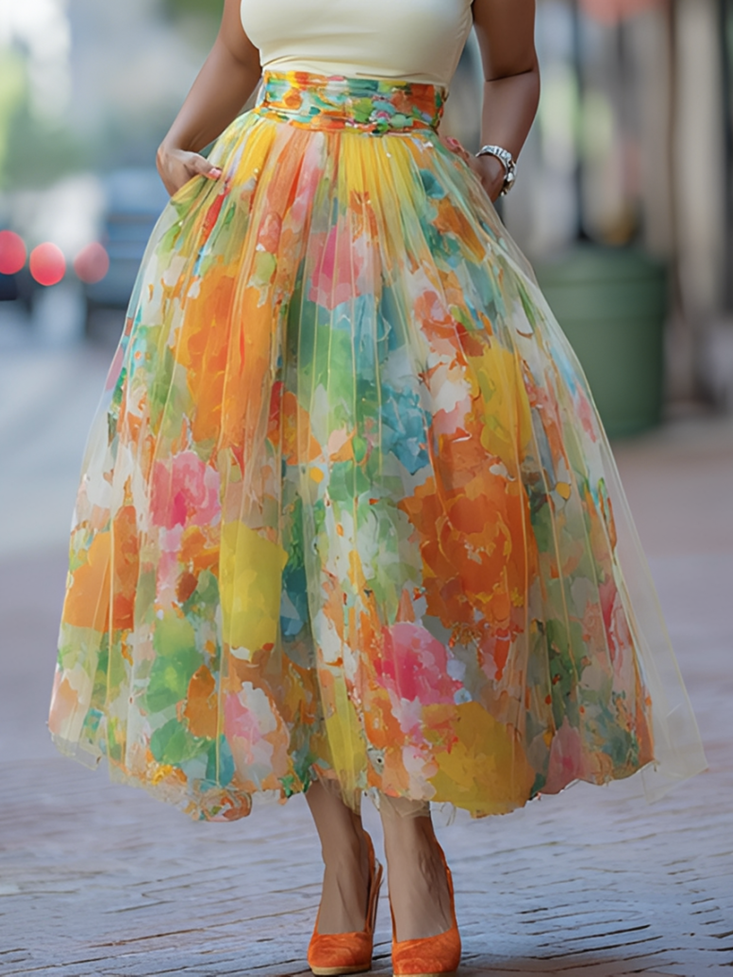 Elegant Watercolor Print Tulle Midi Skirt High Waisted with Pockets