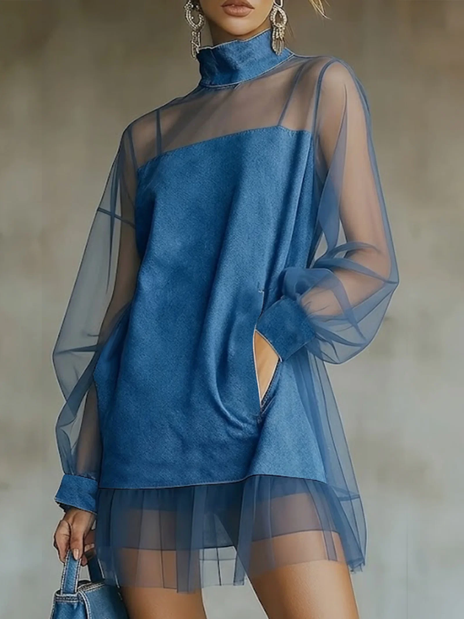 Urban Plain Balloon Sleeve Split Joint Mock Neck Denim Mini Dress