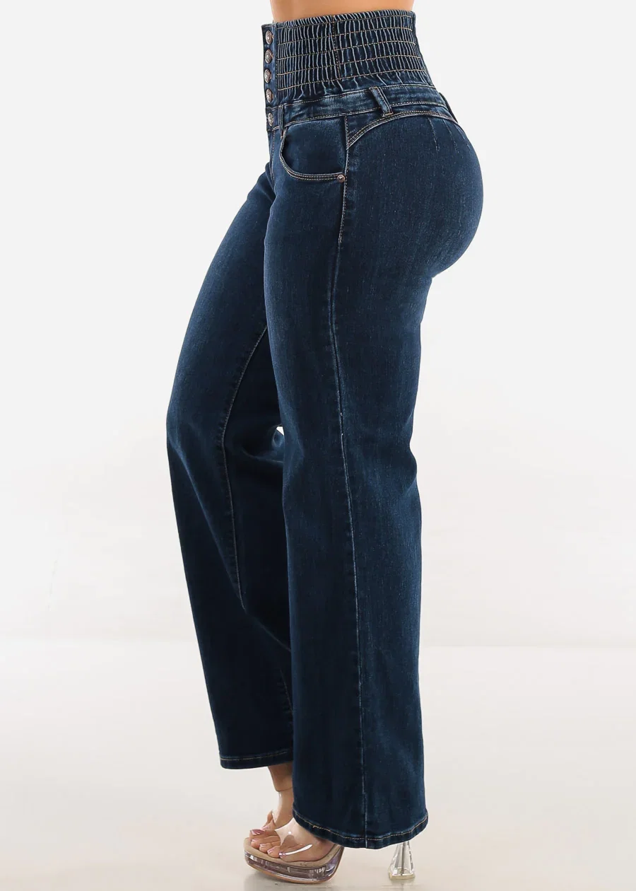 Image of MX JEANS Butt Lift 5 Button Spandex Waist Straight Wide Leg Jeans Dark Wash