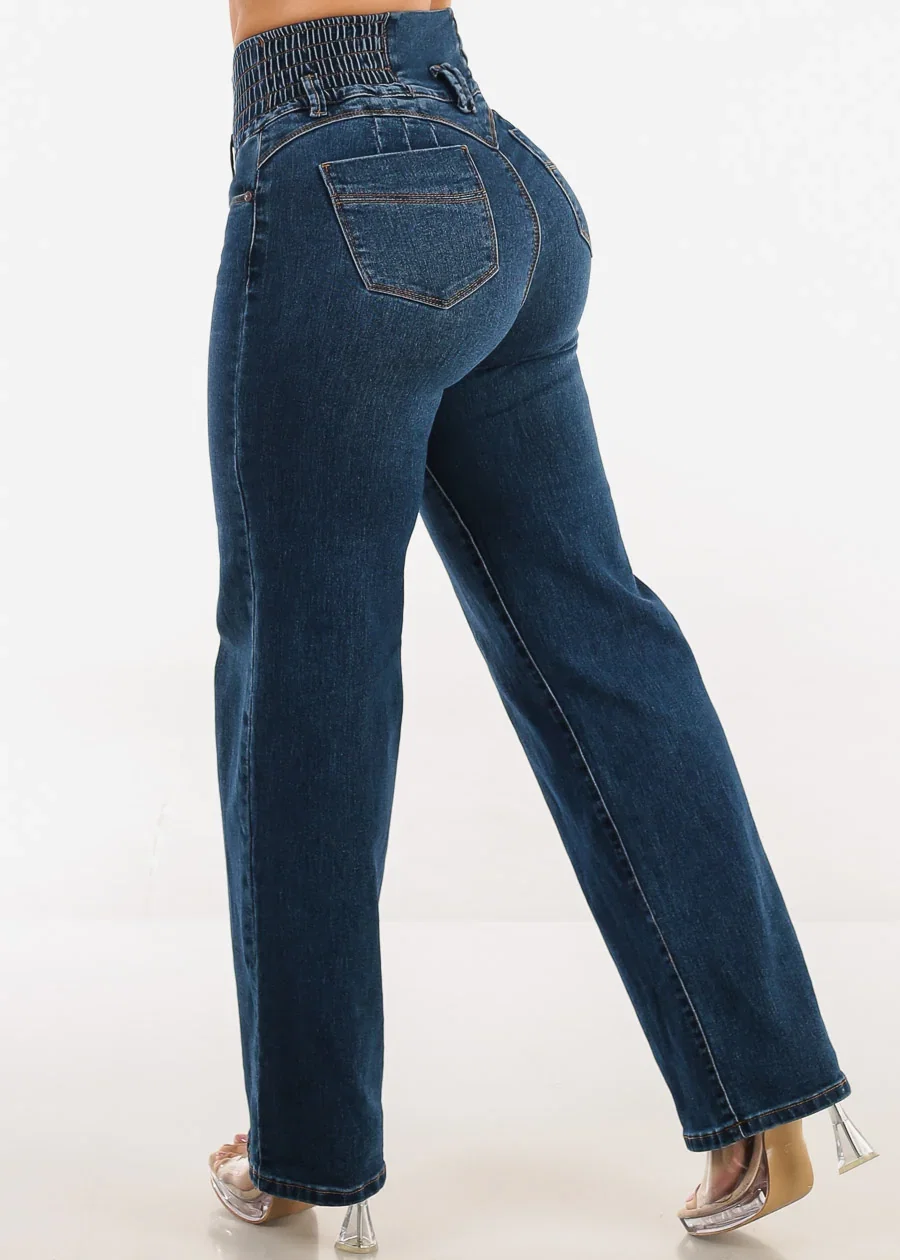 Image of MX JEANS Butt Lift 3 Button Spandex Waist Straight Wide Leg Jeans Dark Blue
