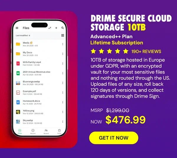 Drime Secure Cloud Storage: Lifetime Subscription (Advanced++ Plan/10TB)