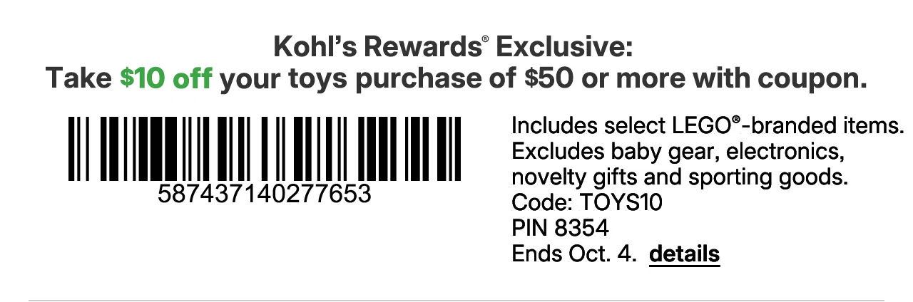 kohl's rewards exclusive: take $10 off your toys purchase of $50 or more with coupon code TOYS10.