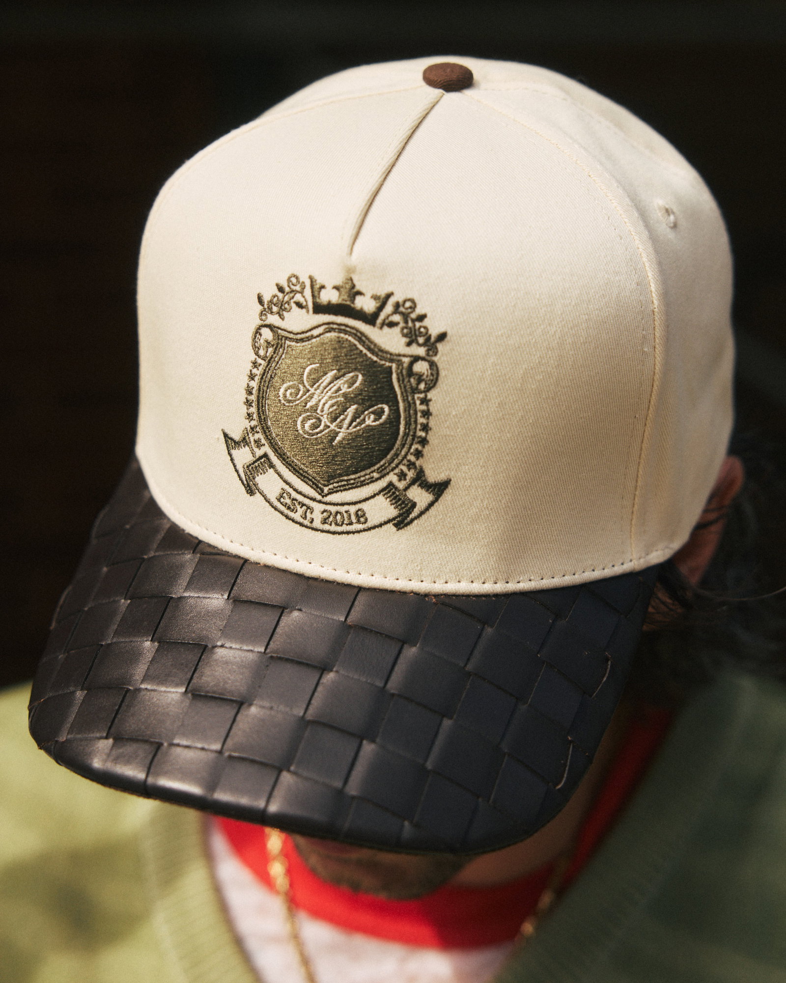 Marc Nolan Crest Logo Hat - Cream/Brown Woven Leather