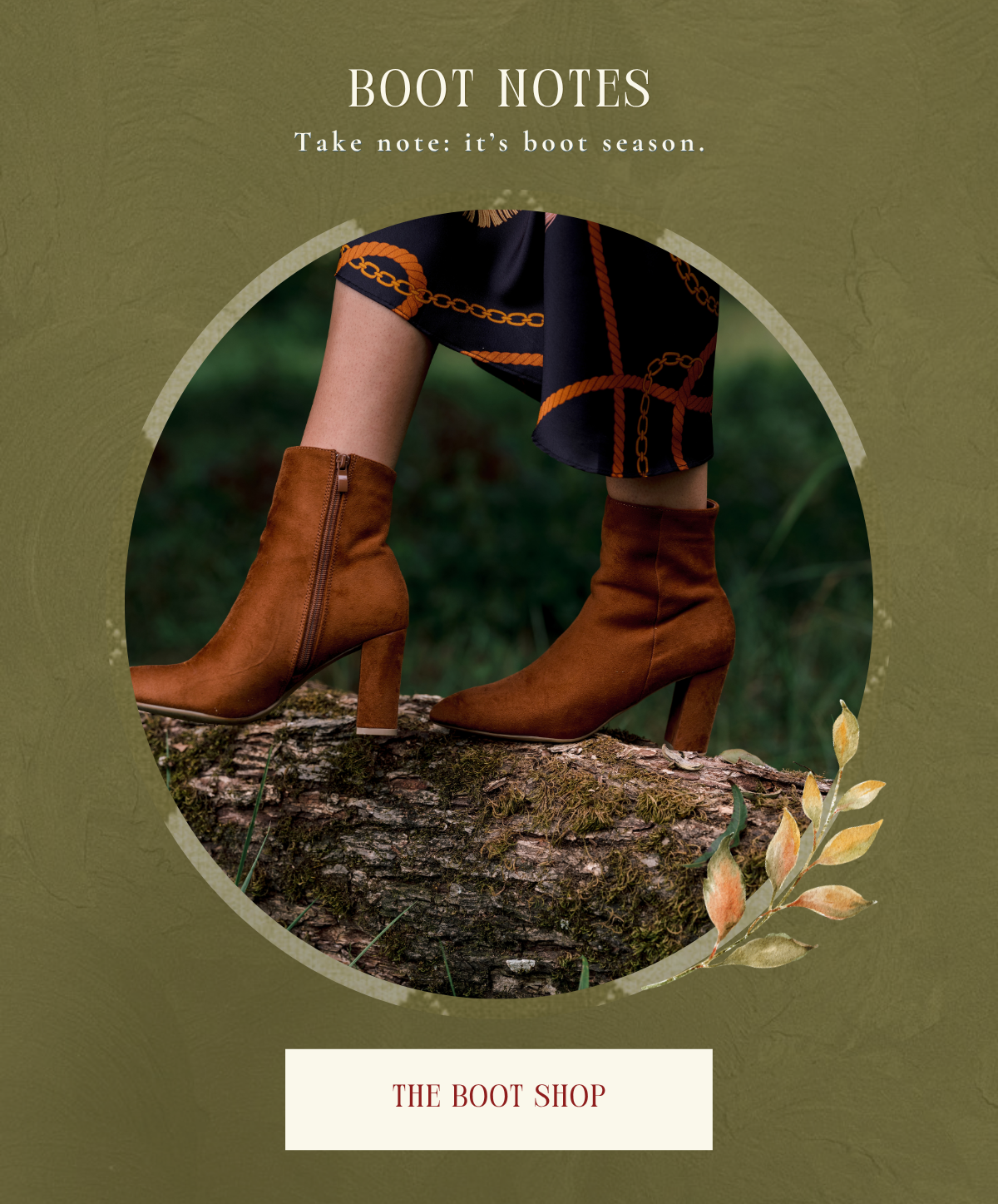 'Boot notes. The Boot Shop.' Model wearing brown suede booties.